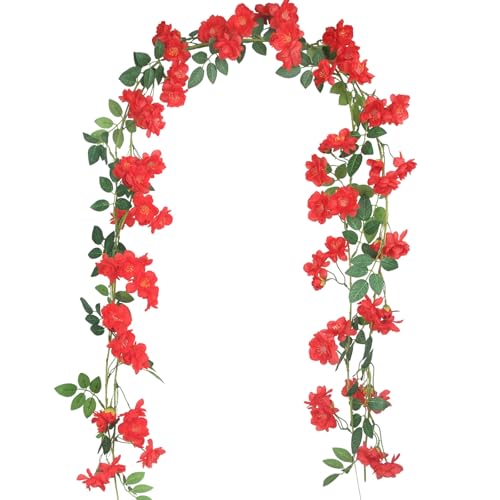 2 Pcs Artificial Flowers Garland for Outdoors Red Faux Gardenia Garland 15.5Ft Silk Rose Hanging Vines Floral for Wedding Arch Party Wall Garden Ceremony Backdrop Fence Spring Decor - color: Red