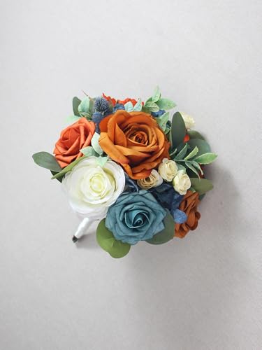 Rinlong Navy Terracotta Bridesmaid Bouquet, Fall Wedding Bouquets | Bridal Bouquet, Prom, Homecoming, Wedding, Destination Friendly - color: 07-blue & Burnt Orange
