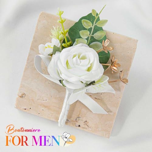 Rose Boutonniere for Men White Groom Flower Boutonniere Pin for Wedding (White) - color: White