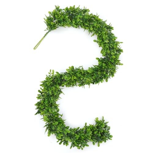 Dingion 6 ft Artificial Boxwood Garland Spring Faux Greenery Garland Preserved Green Leaves Fake Vines Hanging Plant Realistic Green Decor for UV Outdoor Indoor Wedding Backdrop Arch Wall Table