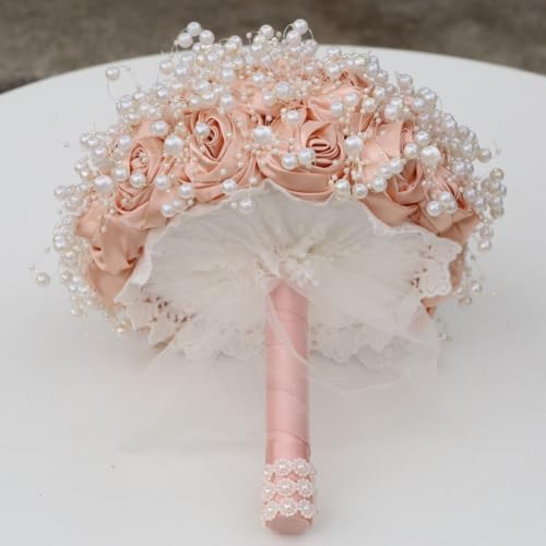 Handmade Wedding Bridal Bouquet with Luxury Pearl Lace Ribbon Bouquet for Bride Bridesmaid Quinceanera Satin Rose Flower Wedding Bouquet Peach Pink 7.5in - color: Peach Pink, size: Medium (DIA. 7.5"/19cm)