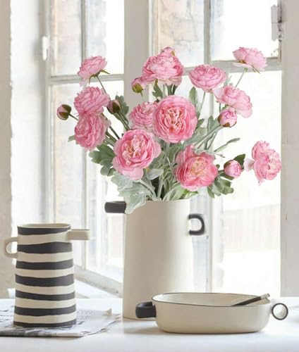 IPOPU Pink Peonies Artificial Flowers 6pcs Pink Artificial Ranunculus Flowers18Heads Pink Silk Peonies with Stems Real Look for Spring Decorations Floral Arrangements Home Table Centerpiece - color: Pink