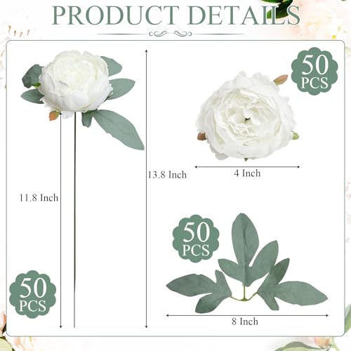 50Pcs Artificial Peonies Flowers Bulk, 4’’ White Peonies Fake Flowers Heads for Table, Faux Silk Peony Arrangements for Wedding, Valentine, Engagement, Party, Coffee, Dining Decorations - color: White
