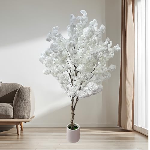 Cherry Blossom Tree 7ft, White Artificial Cherry Tree Fake White Tree for Wedding Party Home Living Room Decor - size: 4ft 10in