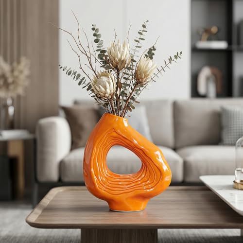 Sunddo Ceramic Flower Vase for Decor, 9 Inch Orange Donut Vase, Boho Modern Decorative Vases for Home Decor, Living Room, Dining Table, Console, Office Bedroom Shelf Decoration - color: Orange, size: 9 inch
