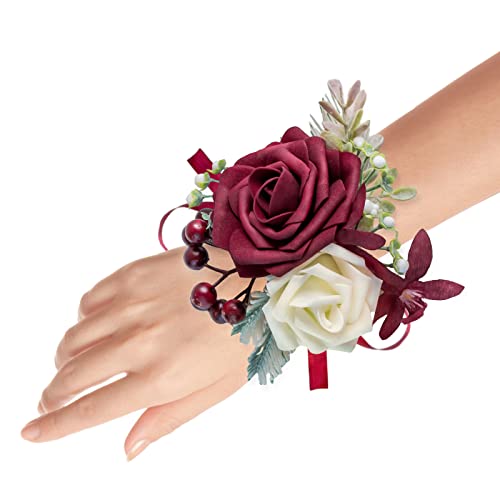 Set of 2 Wrist Corsage Wristlet for Wedding Bridesmaid Mother Grandmother for Bridal Shower Wedding Artificial Roses Flower Prom (Burgundy) - color: Burgundy