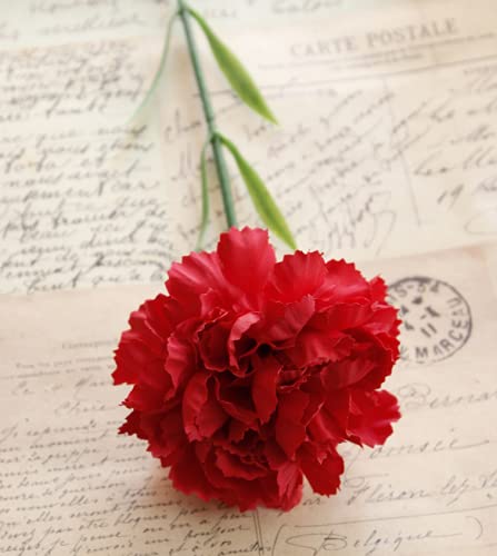 10 Stem Bouquet of Red Artificial Silk Flower Carnations,Single Flower Head 20" Bouquet and Green Leaf for Home Decor Table Centerpieces Bridal Wedding Party Birthday Cake Ornaments - color: Red
