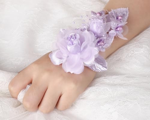 Set of 12 Artificial Silk Organza Craft Rose Flower, 12 Corsage Wristlet, 12 Pin Back DIY Boutonnieres for Wedding, Bridesmaids, Groomsmen, Quinceanera, Prom, Sweet 16 (Lavender) - color: Lavender