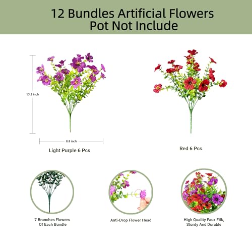 Artificial Flowers for Outdoors UV Resistant, 12 Bundles Realistic Faux Daisy with Eucalyptus Leaves Fake Plants for Porch Patio Planter Garden Decoration (Red Light Purple) - color: Red Light Purple