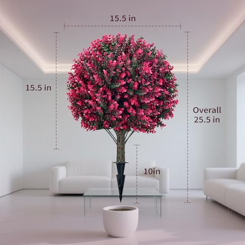 Artificial Red Eucalyptus Topiary Ball Tree, Outdoor Faux Evergreen Shrubs with Ground Spike, UV Resistant Fade Proof Fake Plants, Set of 4 for Garden Patio Yard Indoor Deco .25Inch - color: Pink-coloured
