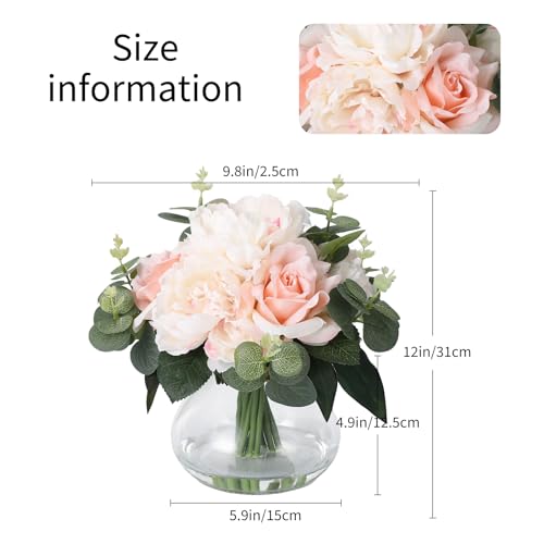 Lifelike Artificial Flower Arrangements with 4 Roses + 4 Peonies in Glass Vase with Faux Water for Wedding & Home Table Centerpieces - color: Peony & Rose With Faux Water, size: Pink