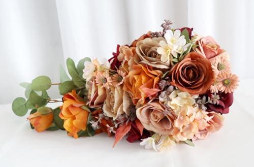 9.5 Inch Orange Cascading Wedding Bouquet for Bride Fall Artificial Rose Flower Cascade Bride Bridal Bouquet Rustic Boho Wedding Ceremony Anniversary Bridal Shower Fall Color Burnt Orange - color: Burnt Orange