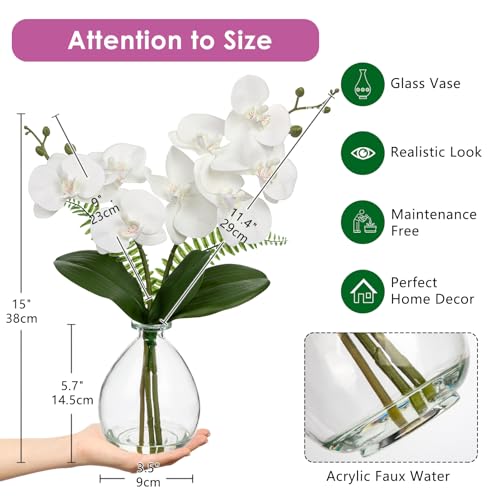 Oairse White Orchids Artificial Flowers, Faux Orchid in Glass Vase Real Touch Small Phalaenopsis Orchid Flowers Arrangements with Clear Vase Orchids Centerpiece for Dining Room Table - color: White & Clear