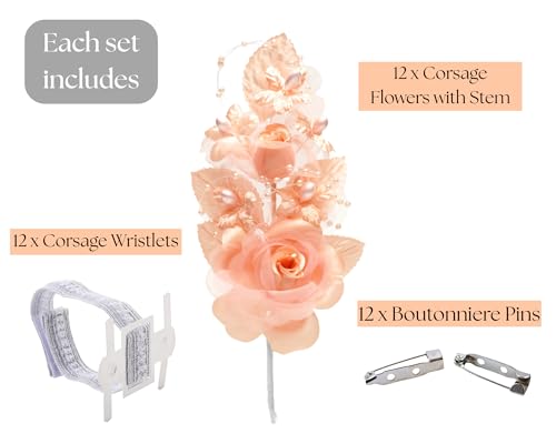 Set of 12 Artificial Silk Organza Craft Rose Flower, 12 Corsage Wristlet, 12 Pin Back DIY Boutonnieres for Wedding, Bridesmaids, Groomsmen, Quinceanera, Prom, Sweet 16 (Blush) - color: Blush
