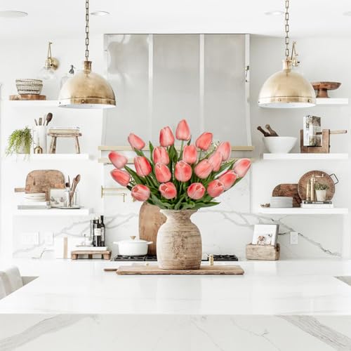 20 Pcs Coral Tulips Artificial Flowers Real Touch Fake Tulips Fake Flowers for Mother's Day 13.5" Faux Tulips Faux Flowers Bulk Artificial Tulips Flowers for Vase Centerpieces Home Wedding Bouquet - color: Coral #20