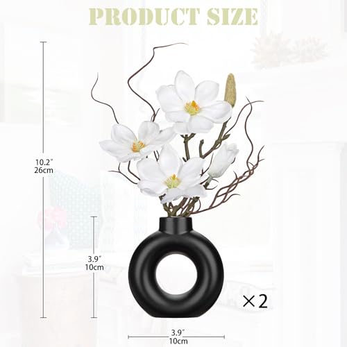 Briful 2PCS Magnolia Artificial Flowers with Black Vase White Magnolia Floral Arrangement Faux Potted Silk Flowers for Home Office Bathroom Kitchen Shelf Table Centerpiece Modern Decor - color: White Black