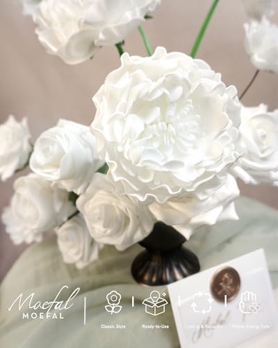 23pcs White Artificial Flowers Combo Box - Lifelike Premium Foam Peonies, Roses & Gardenias with Stems - DIY Wedding Bouquets, Centerpieces, Bridal Shower Decor & Bulk Fake Flowers - color: White