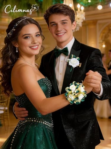 Prom Corsage and Boutonniere Set, Artificial Silk Ivory Rose Wrist Corsage with Dark Green Ribbon for Homecoming, Formal Dance Party, Wedding, Graduation, Anniversary - color: A-green&white