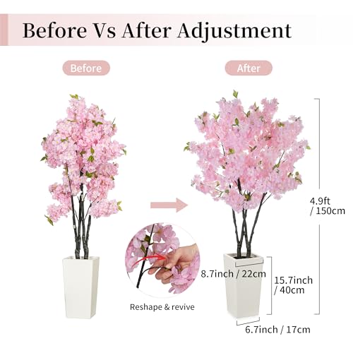 BLOSMON Cherry Blossom Tree for Porch: 5ft Pink Fake Flowers Artificial Tree with Tall Planter for Outdoor Decorations - Faux Sakura Plants for Indoor Home Living Room - color: Pink Cherry Blossom