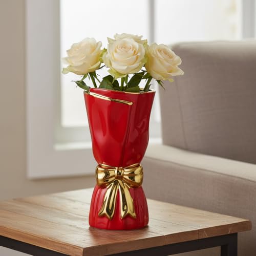 Bow Red Vase for Flower, Modern Ceramic Vase for Pampas Grass, 10 Inch Decorative Vases Home Decor, Festive, Bathroom, Centerpiece for Holiday Table and Party Decor - color: Red, size: 10 inch