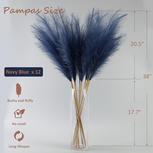 12 Pcs Navy Blue Faux Pampas Grass Decor 38"/3.1FT Tall Fake Pompas Floral Large Artificial Pompous Grass Branches Plants for Floor Vase Filler Home Boho Decoration - color: Navy Blue