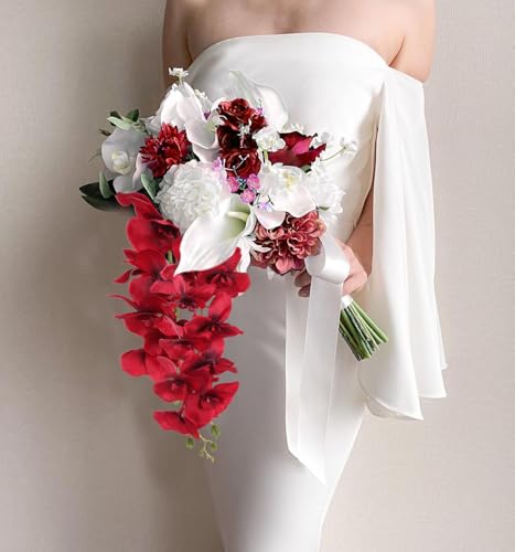 Red Orchids Artificial Flowers 6PCS Silk Orchids 35" Faux Orchid Stems Artificial Orchids That Look Real for Wedding Home Table Centerpieces Decor(Red) - color: Red