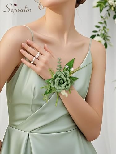 Serwalin 2 Pcs Wrist Corsage and Boutonniere Set, 6-7 Inch Green Corsage for Wedding, Boutonniere for Men Corsage Wristlet Prom Ceremony Anniversary Accessories Suit - color: Green, size: 1 Boutonniere & 1 Wrist Corsage-2pcs