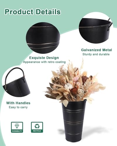 12 Inch Galvanized Metal Vases for Flowers - 6 Pcs Farmhouse Decorative Tall Flower Bucket with Handles, Rustic French Tin Planter Buckets for Wedding Decor (Black) - color: Black