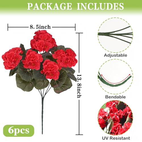 Waipfaru 6 Pcs Artificial Fake Flowers for Outdoors, UV Resistant Outdoor Artificial Plants, Silk Geraniums Red Spring Flower for Garden Porch Planter Patio Balcony Yard Home Decoration (6, Red) - color: Red, size: 6 PCS