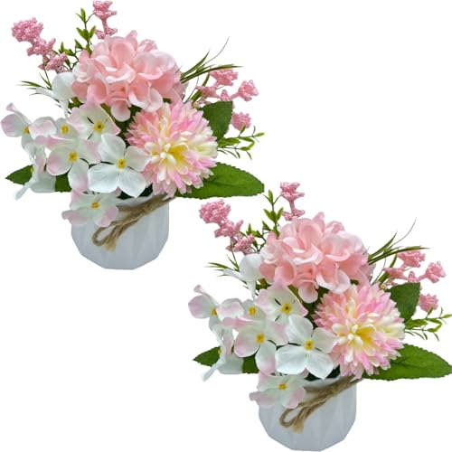 2 Potted Pink White Hydrangea Artificial Flowers Indoor Fake Plant Bathroom Accessories Decor，Faux Silk Flowers Arrangement in Vase Centerpieces for Tables Dresser Shelf Decor Aesthetic - color: Pink