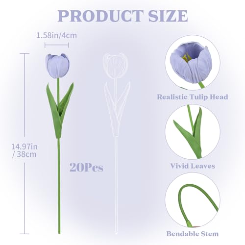 20pcs Real Touch Artificial Tulips Flowers Blue Fake Tulips for Wedding Spring Bouquet Floral Arrangement Valentine's Gift Mother's Day Home Easter Party Office Decorations (Blue) - color: Blue