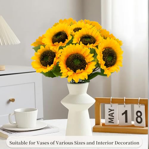 10 Pcs Artificial Sunflowers, Sunflowers Artificial Flowers with Stems, Faux Silk Huge Fake Flower Bouquet for Vase Decor Wedding Table Home Porch Indoor Outdoor Cemetery Decoration (Yellow, 4-Inch) - size: 4-Inch