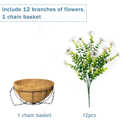 Artificial Hanging Flowers for Outdoors with Basket,UV Resistant Realistic Faux Hanging Plants Outdoor Artificial Flowers for Outdoors Basket for Yard Porch Patio Garden Home Decor,12 Bundles(White) - color: White