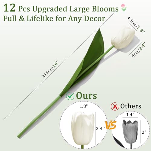 Livole 12 Pcs White Tulips Artificial Flowers Real Touch Tulips Fake Faux Tulip Flower Bouquet for Arrangement Wedding Spring Home Decor Floral Party Centerpiece 14 Inch - color: White
