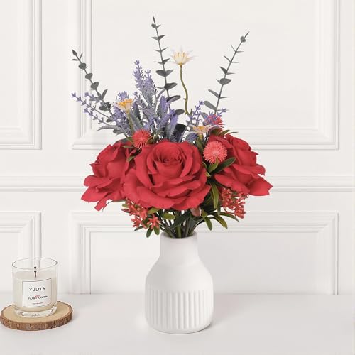 Artificial Flowers in Vase, Silk Roses Flowers Artificial Eucalyptus Lavenders Small Daisies and Fake Plants in White Ceramic Vase, Floral Centerpieces for Tables, Faux Flowers for Coffee Table Décor - color: Red