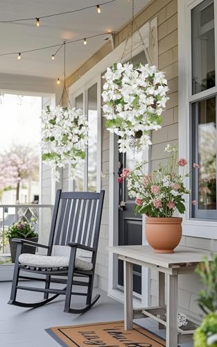 IPOPU Artificial Bougainvillea Hanging Flowers 2PCS UV Resistant Fake Silk Bougainvillea Plant Vine Faux Flowers for Garden Yard Porch Patio Wedding Wall Home Outdoor Decor (White) - color: White