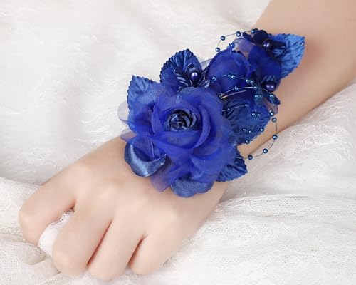Set of 12 Artificial Silk Organza Craft Rose Flower, 12 Corsage Wristlet, 12 Pin Back DIY Boutonnieres for Wedding, Bridesmaids, Groomsmen, Quinceanera, Prom, Sweet 16 (Royal Blue) - color: Royal Blue