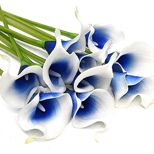 FiveSeasonStuff Real Touch Calla Lily Artificial Flowers Wedding Bridal Bouquet | Floral Arrangements | 15 Calla Lilies (Silk White & Abyss Blue) - color: Silk White & Abyss Blue