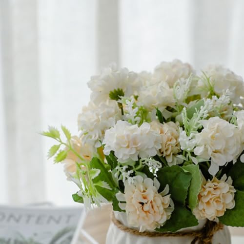 TKAS Fake Flowers Arrangement in Ceramic Vase, Artificial Faux Silk Hydrangea, Small Realistic Dried-Style Floral, Dining Table Centerpiece for Wedding Party Home Decoration (White) - color: White