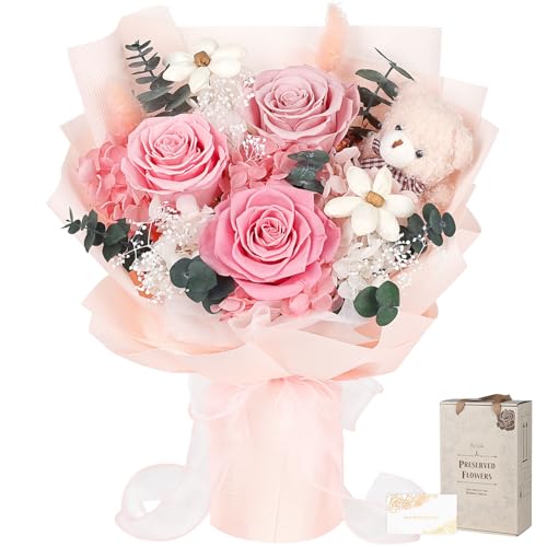 Preserved Flowers Bouquet with Bear, 3 Real Forever Flowers for Delivery, Long-Lasting Pink Eteranl Roses Bouquet, Anniversary Birthday Gifts for Women Mom Her Girlfriend Wife - color: Pink