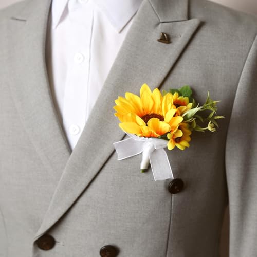 Alizeal 2Pcs of Wrist Corsage and Boutonniere Set, Artificial Flowers Accessories Suit Decor for Wedding Prom Party Homecoming Ceremony, Sunflower - color: 701-sunflower