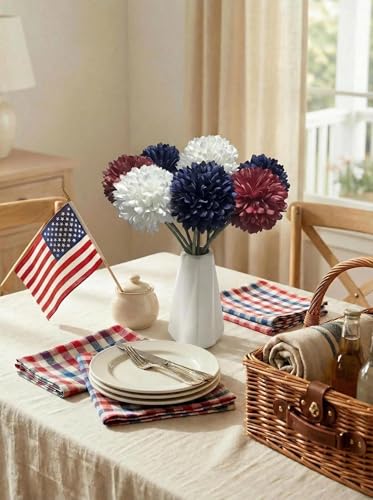 Mandy's 12pcs Artificial Red White Blue Chrysanthemum | 11.8 inch Artificial Mums Flowers for Home Table Centerpiece Summer Decor Silk Flowers for Porch Patio and Wedding - color: Red White Blue
