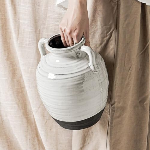 White Ceramic Vase, 9.5 Inch Large Farmhouse Flower Vase with Handles - Rustic Centerpiece for Living Room, Table, Bookshelf, Mantel, Entryway & Wedding Decor (Aurora White) - color: 9.5 Inch-aurora White