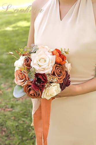 Lookein 7 Inch Wedding Bouquet for Bride Flower Bouquet for Bridesmaid Artificial Flowers Bouquet Rose Bouquet Bridal Bouquet Tossing Bouquet for Wedding Ceremony, Chic Terracotta - color: 7" Chic Terracotta
