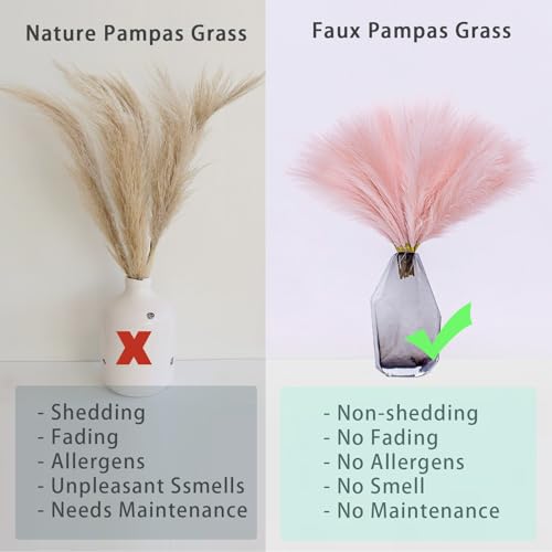 10 Stems Pink Pampas Grass Decor - 17.7" Faux Pampas Grass Artificial Fluffy Small Flower Arrangement and Vase Filler for Boho Home Wedding Mothers Day Decoration - color: Pink