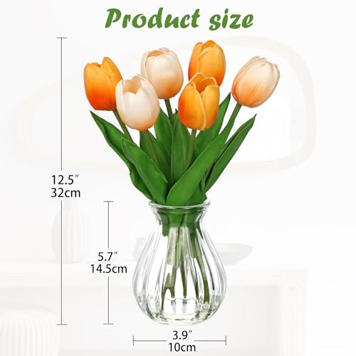 Faux Tulips Flowers Floral Arrangement - 6 Pcs Artificial Flowers with Clear Glass Vase with Faux Water 12.5" Orange & Cream Ombre Fake Tulip Bouquet Centerpiece for Dining Table Home Desk Decor - color: Orange & Cream Ombre