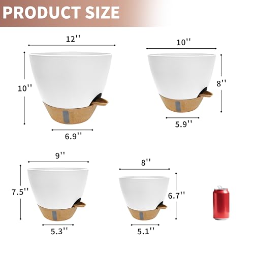 4-Pack Large Self Watering Pots for Indoor Plants, 12/10/9/8 Inch Planters with Visible Water Level Window, Automatic Watering System for Monstera, Fiddle Leaf, Herbs, Succulents, White - color: White+