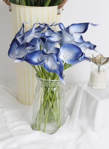IPOPU 24PCS Real Touch Blue Calla Lily Faux Flowers Arrangement Bouquet for Home Garden Office Party Wedding Bouquet Centerpieces Flower Home Decoration - color: Charming Blue