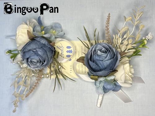 Corsage and Boutonniere Set Corsage Wistlet Dusty Blue Corsage Wrist Artificial Flower Perfert for Proms | Weddings for Bride,Bridesmaids, Groom,Groomsmen Decor (Dusty Blue) - color: Dusty Blue