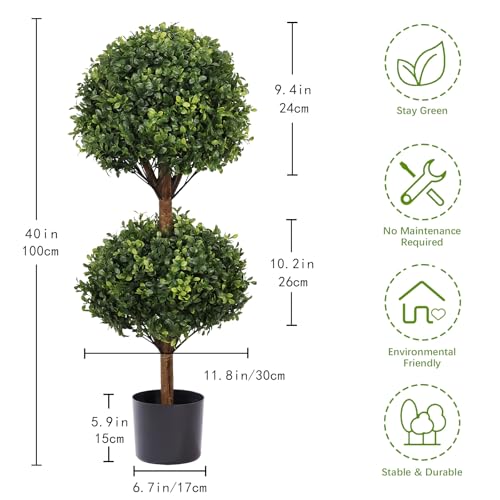 THE BLOOM TIMES 40" Artificial Boxwood Double Ball Topiary Trees, UV Resistant Large Tall Fake Potted Plants for Outdoor Planter, Realistic Faux Bushes Shrubs for Front Porch Outside Decor Set of 2 - color: Boxwood-dark Green, size: 40 inch
